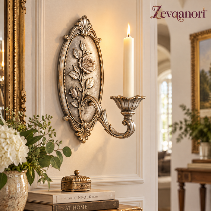 Zevqanori™ Silver-Tone Rose Wall Candle Sconce