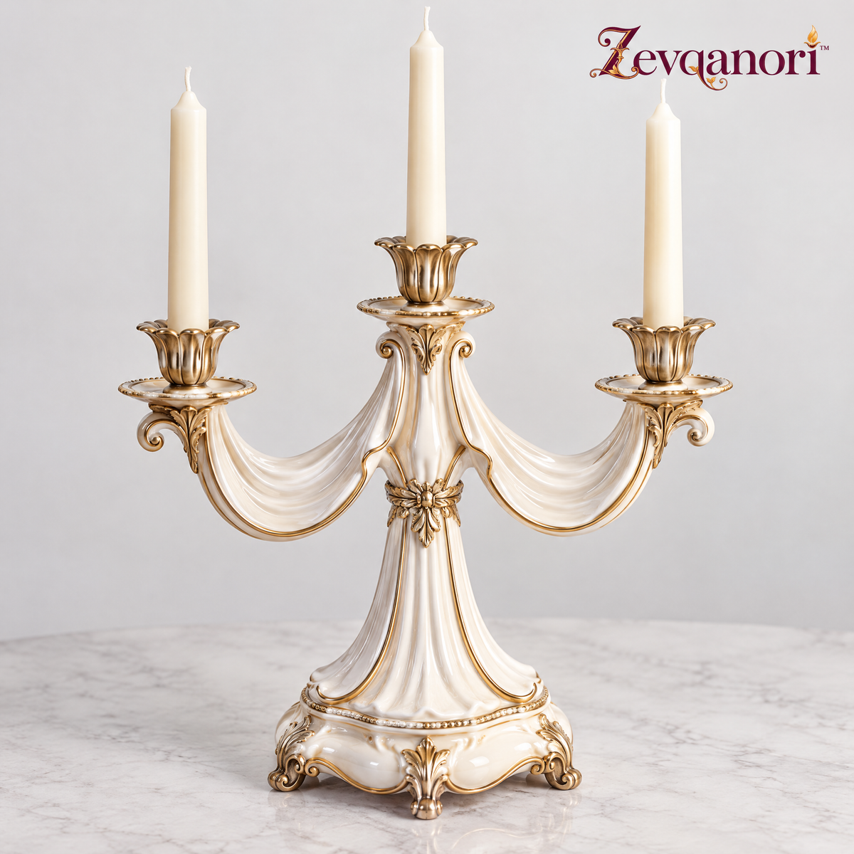 Zevqanori™ Ivory Drape Three-Arm Candelabra