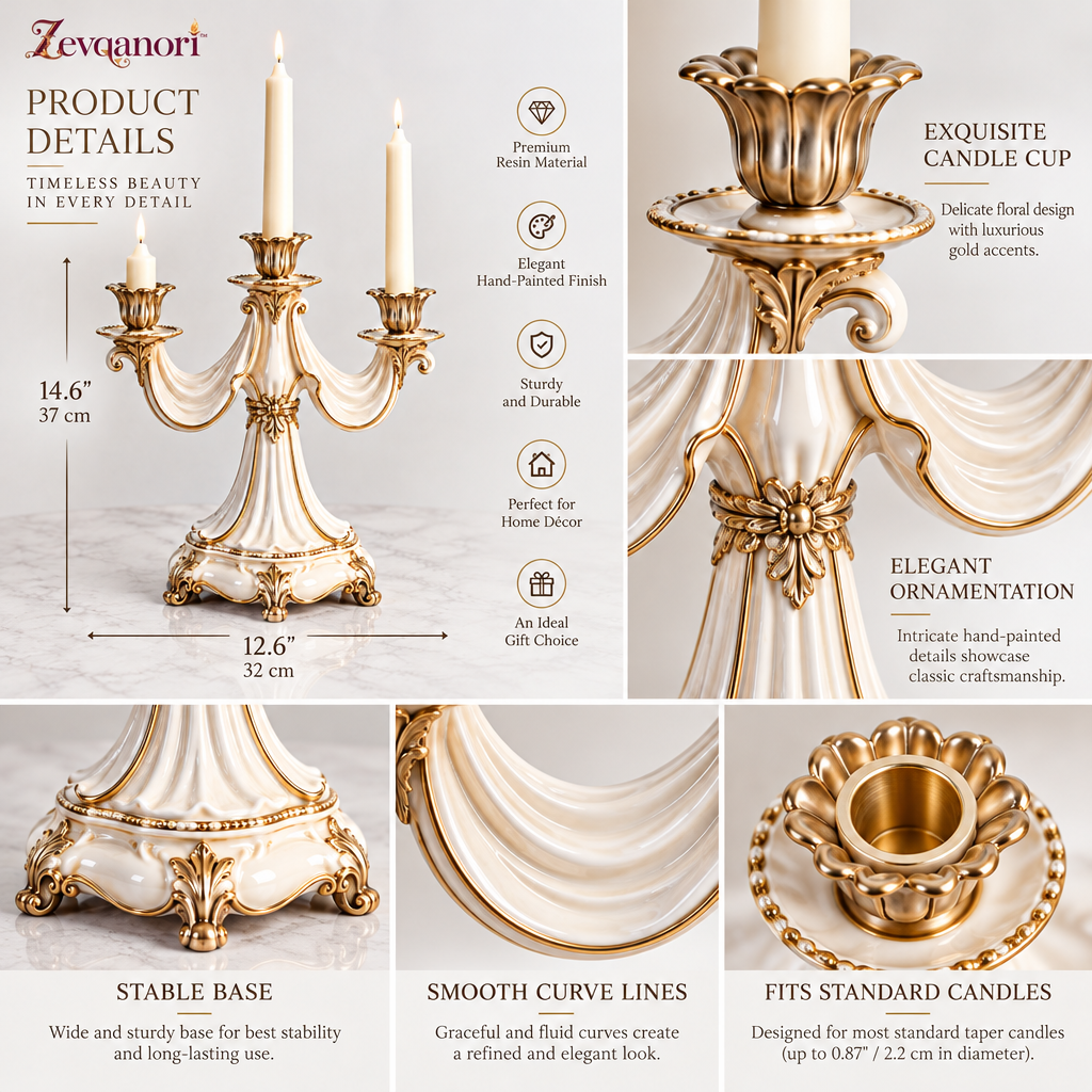 Zevqanori™ Ivory Drape Three-Arm Candelabra