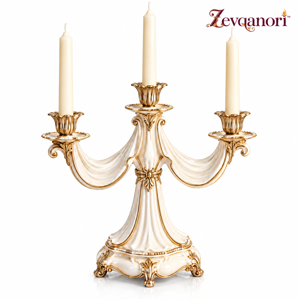 Zevqanori™ Ivory Drape Three-Arm Candelabra