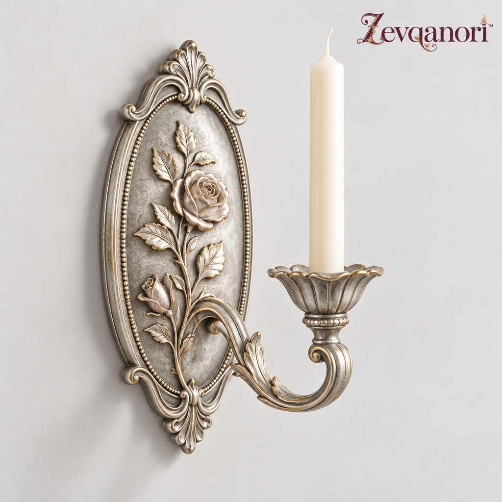 Zevqanori™ Silver-Tone Rose Wall Candle Sconce