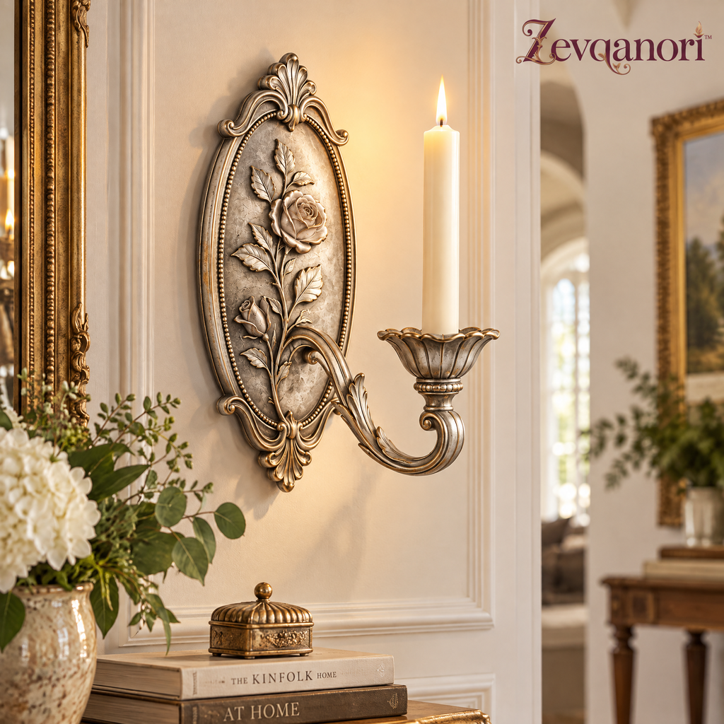 Zevqanori™ Silver-Tone Rose Wall Candle Sconce