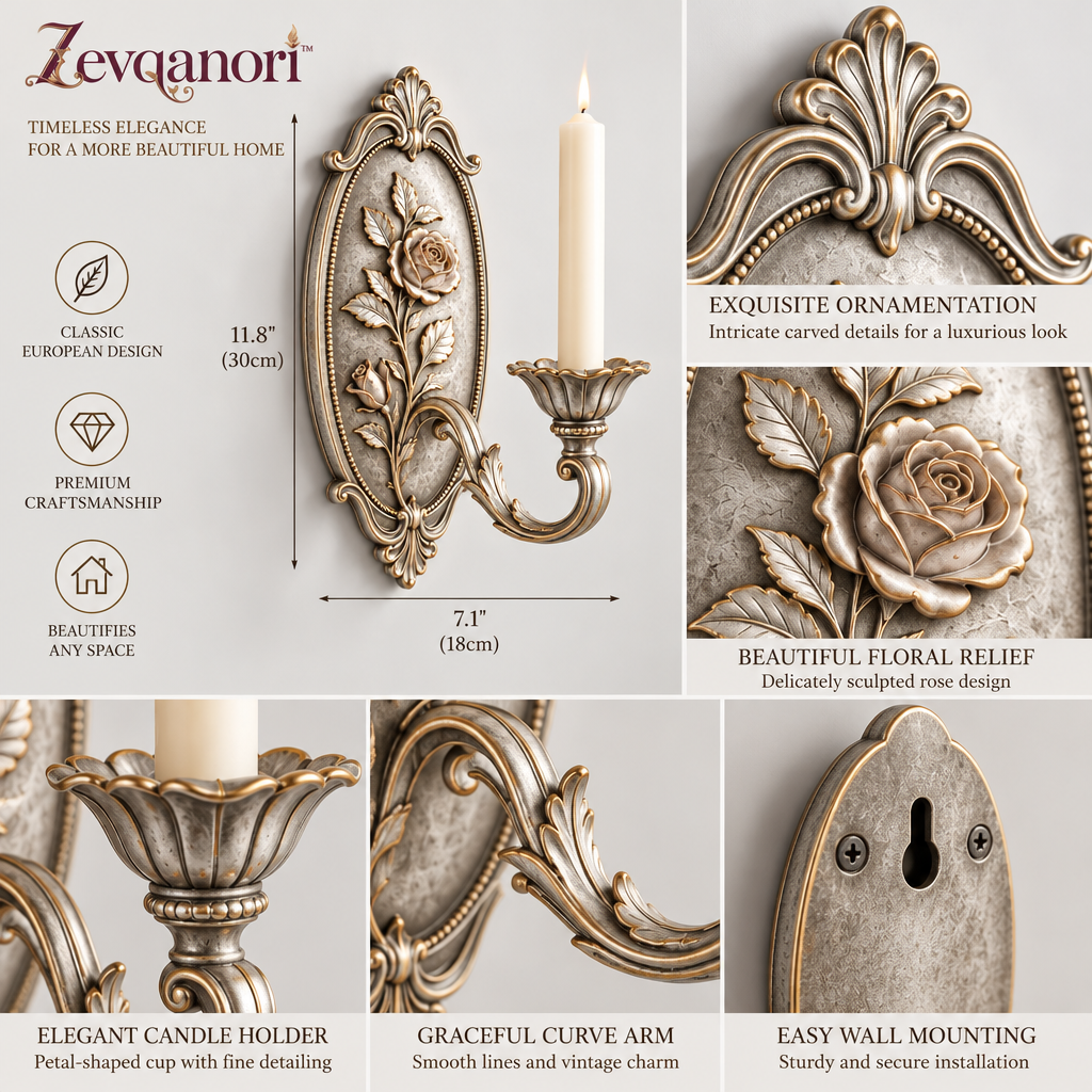 Zevqanori™ Silver-Tone Rose Wall Candle Sconce