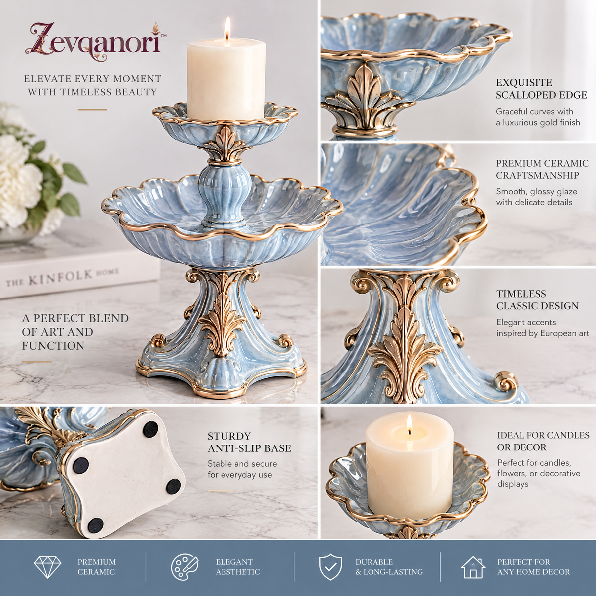 Zevqanori™ Powder Blue Two-Tier Candle Stand