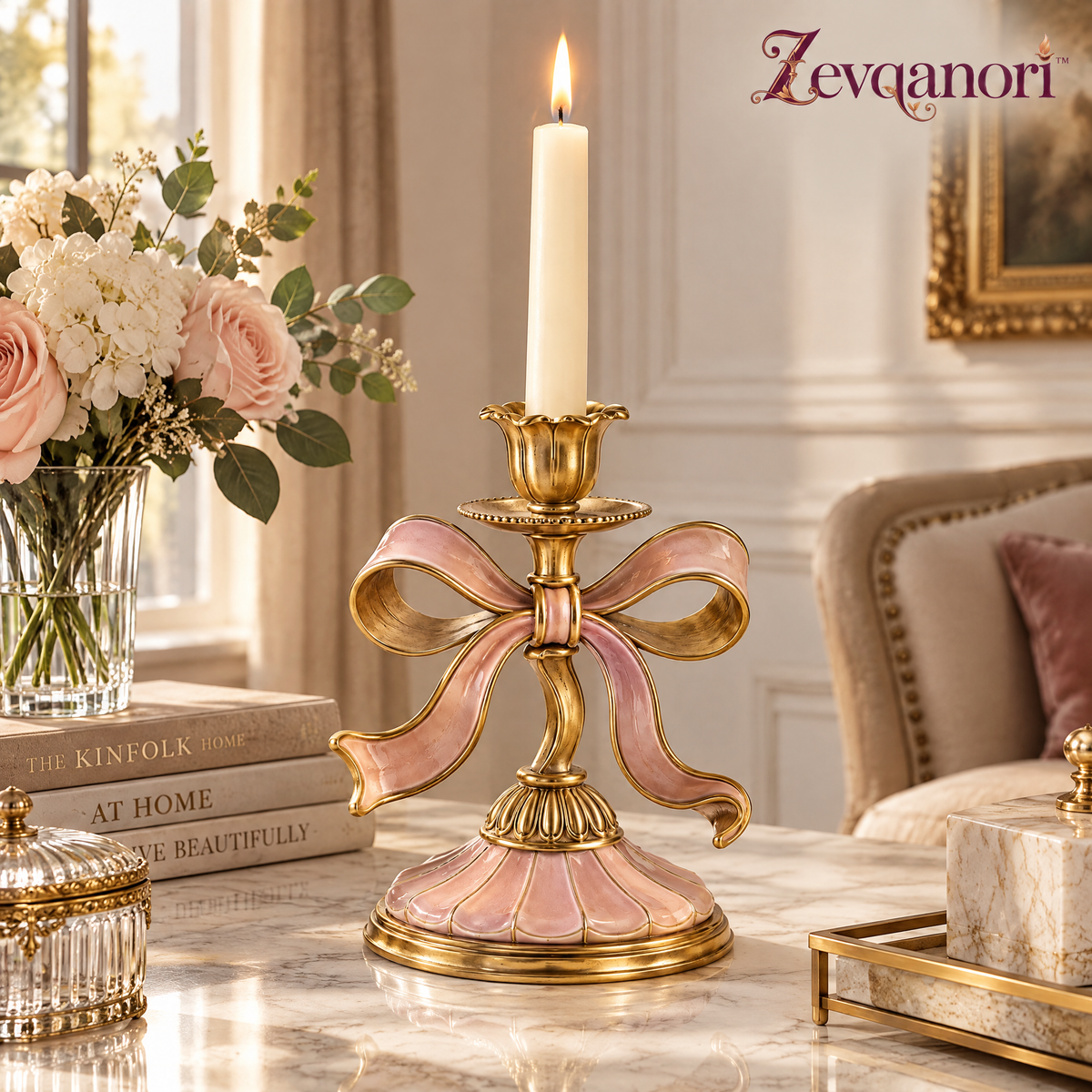 Zevqanori™ Blush Bow Taper Candlestick